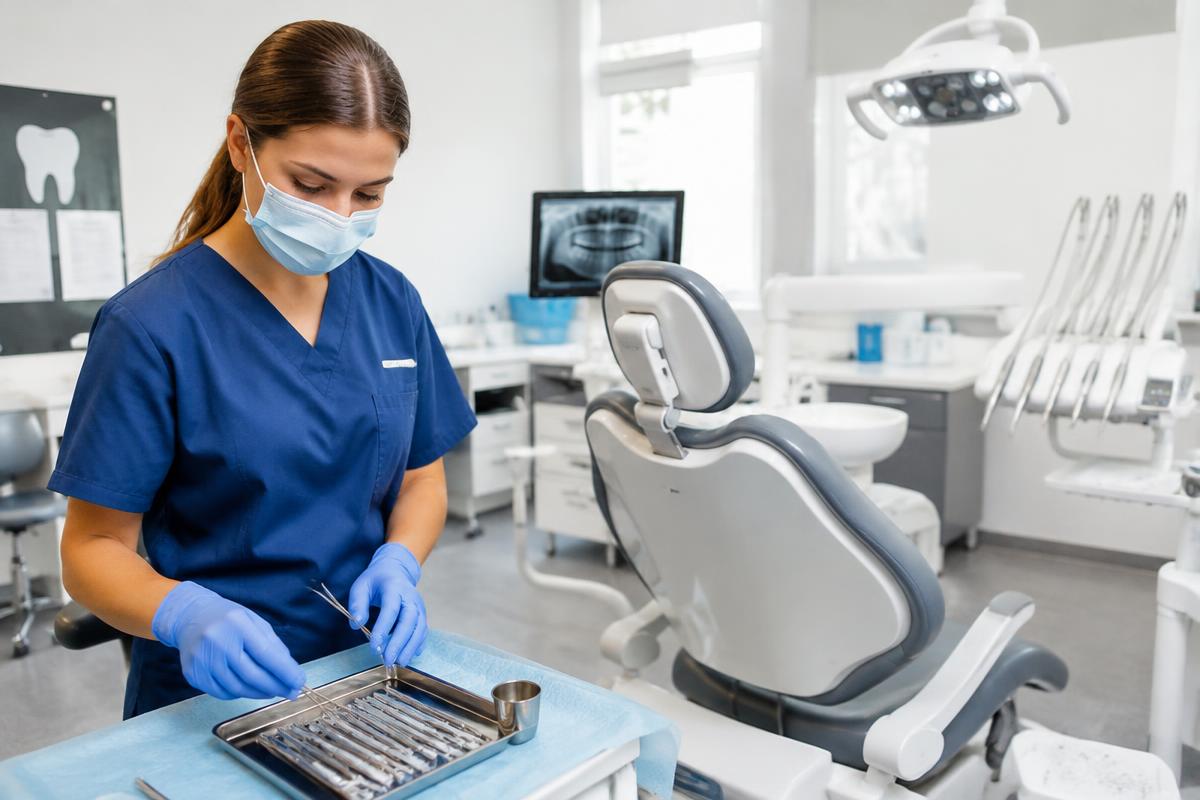 Students learning with dental instruments and a dental training model
